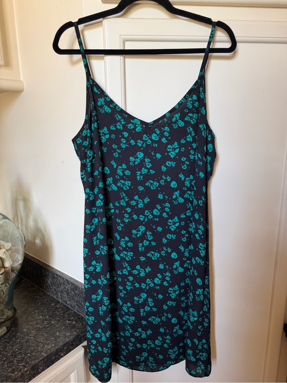 CAbi Black Slip Dress with Teal Floral Print